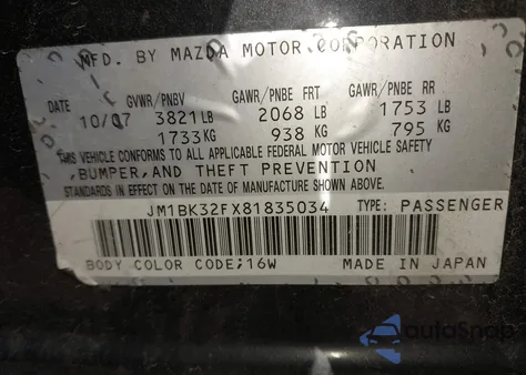 2008 Mazda Mazda3 I z USA, uszkodzony, nr VIN JM1BK32FX81835034